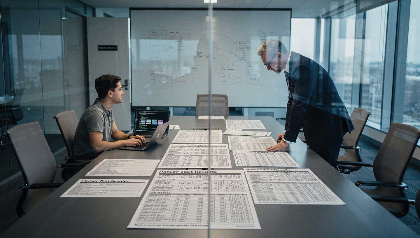 reviewer-inspecting-parser-test-printouts.jpg